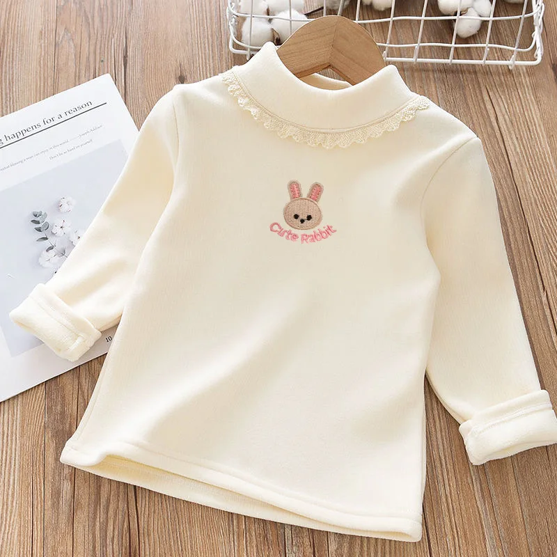 Girls Fleece Padded Shirts Cute Embroidery Rabbit Kids Tops