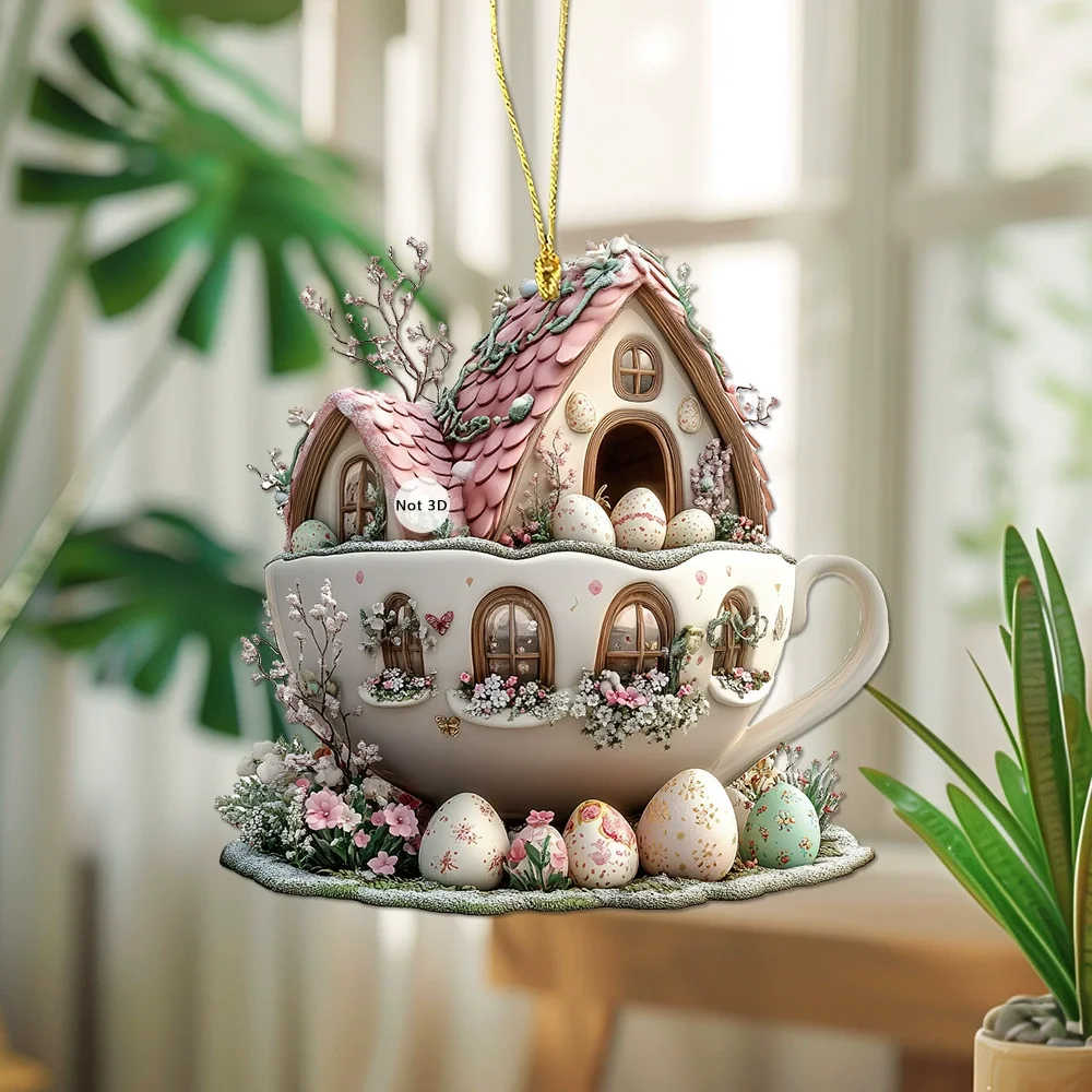 Easter Coffee Cup Ornaments Cartoon Bunny Egg House Coffee Mug Decorative 2D Acrylic Ornaments 2025 Spring Party Supplies  Decor 3