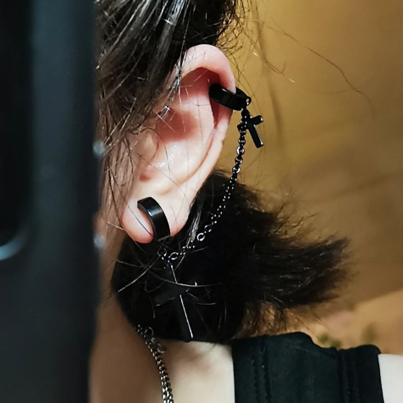 1 PC Punk Trendy Black Cross Design Fake Piercing Earrings for Women Brilliant Zircon Long Chain Earring Party Jewelry Gift Long Earrings Cross Earrings