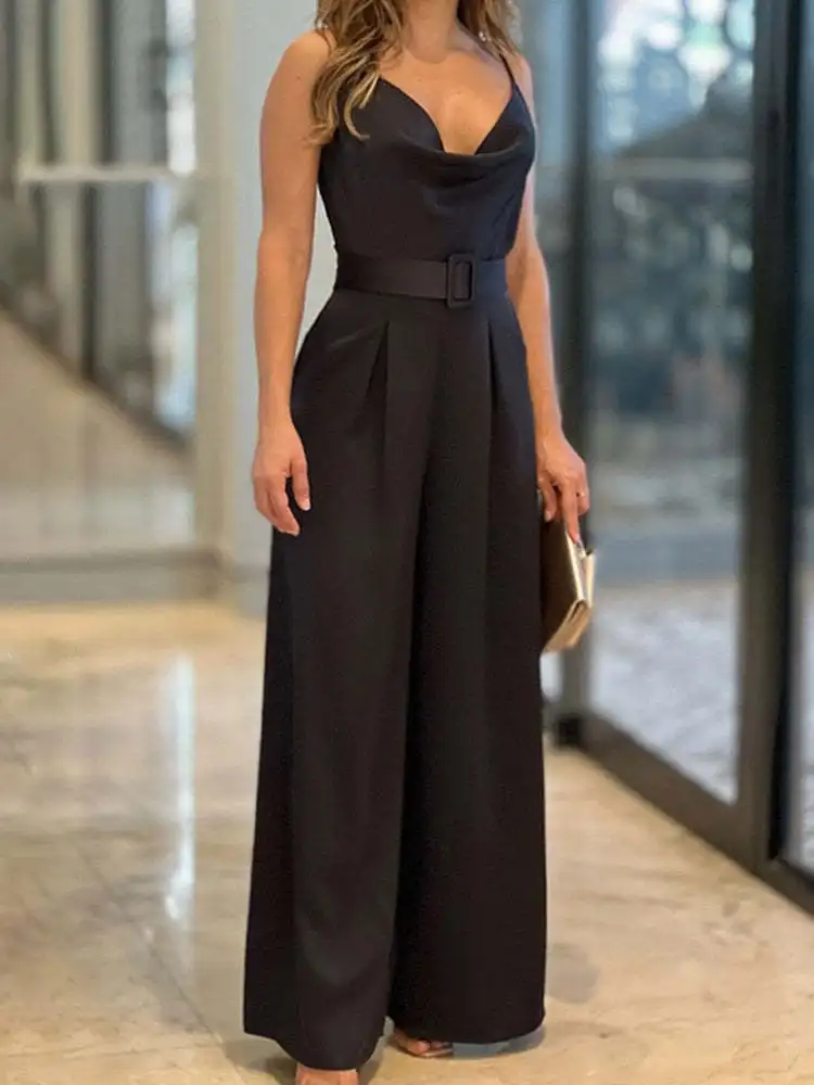 Women's Summer European and American New Fashionable and Sexy V-Neck Waist Belt Waist Waist Strap Pocket Jumpsuit