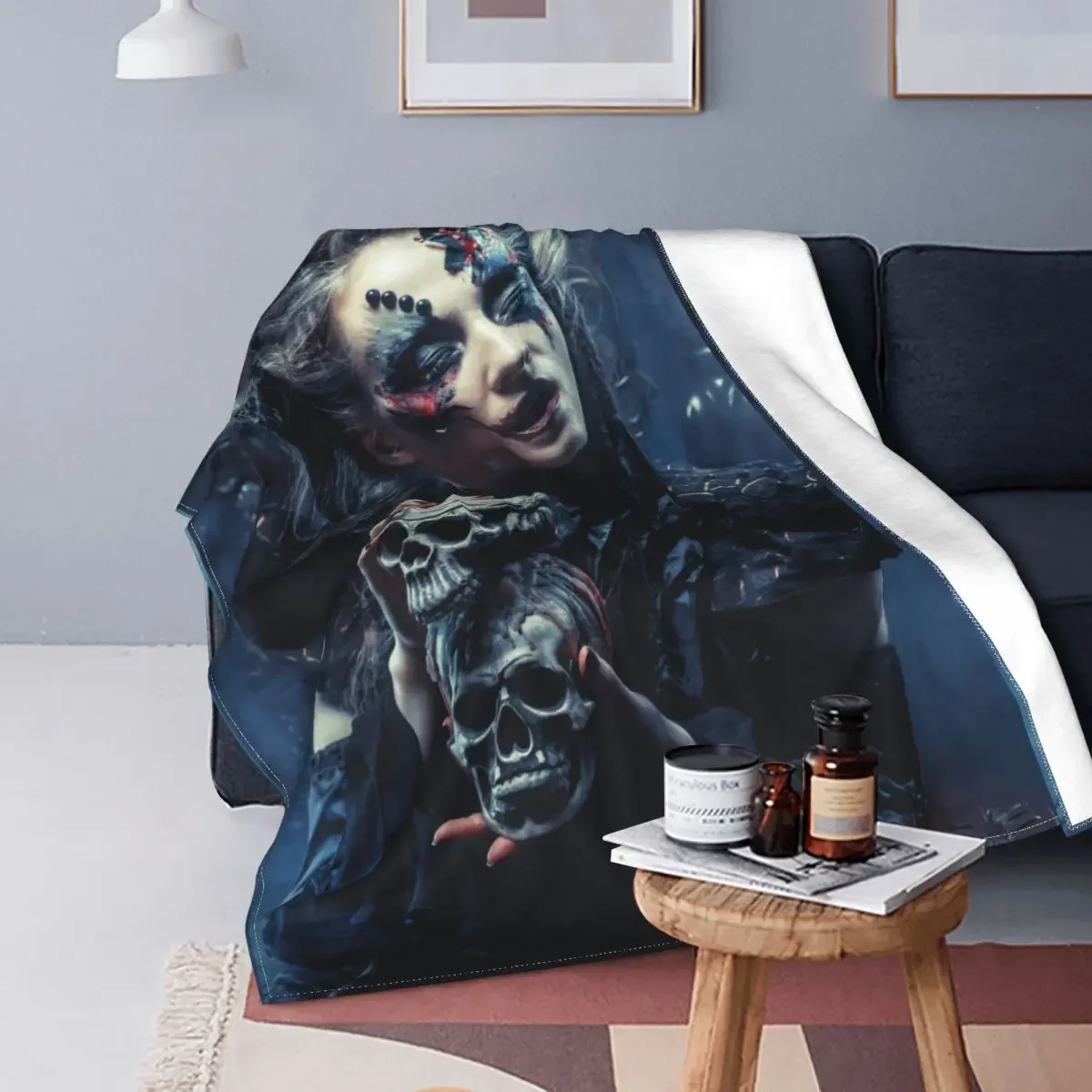 

Young Beautiful Witch Blankets Halloween Horror Skull Wool Novelty Warm Throw Blankets for Home All Season
