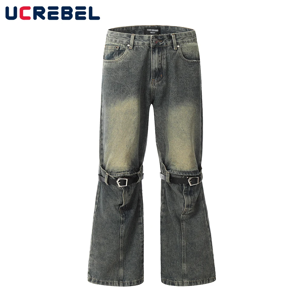 

Retro Blue Washed Denim Pants Mens Hip Hop Decoration Loose Wide Leg Jeans Men Trousers