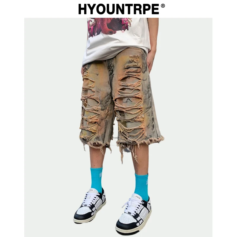 Destroy Ripped Big Holes Spliced Denim Jeans Shorts Hip Hop Loose Short Pant Harajuku Half Baggy Jeans Mens Summer Casual Shorts