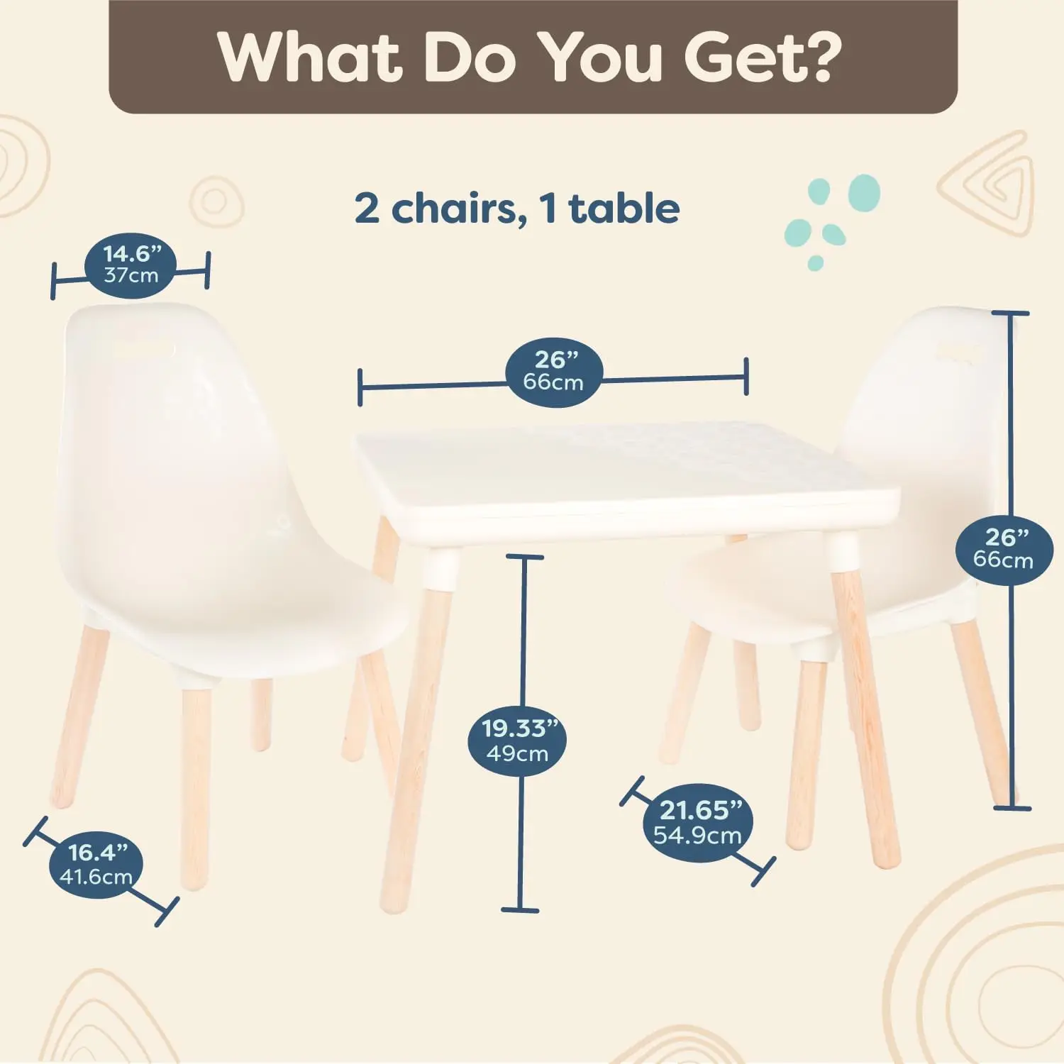Children Tables Table and Chair Set- Furniture For Toddlers- 1 Craft Table & 2 Chairs- Natural Wooden Legs- Ivory- 3 years +