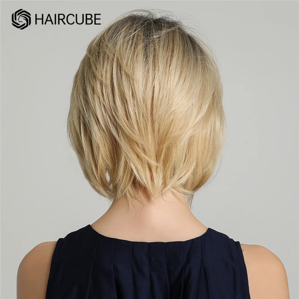 HAIRCUBE Short Bob Blend Human Hair Wigs Brown Ombre Blonde Golde Layered Straight Blend Human Hair Wig with Bang Heat Resistant