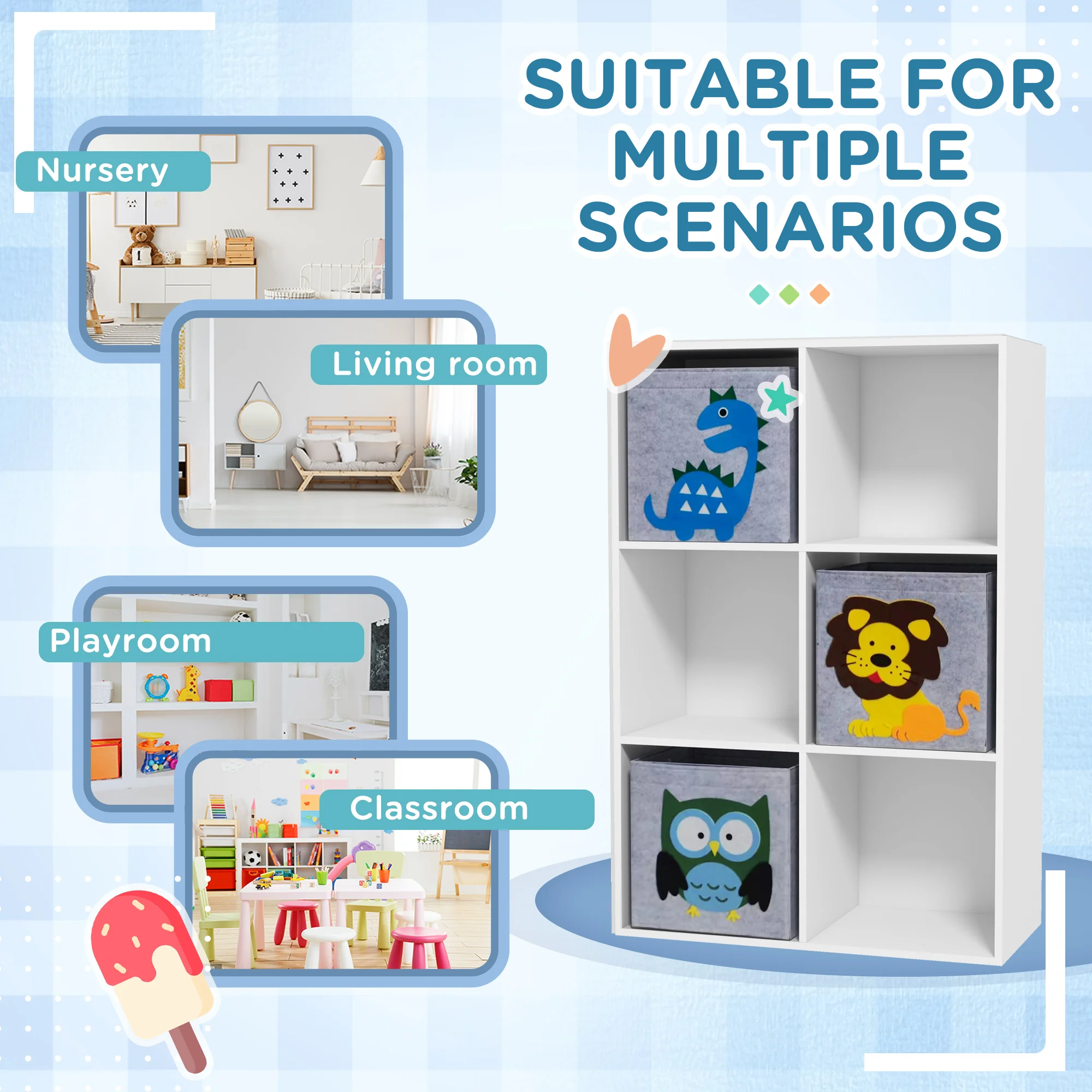 Qaba Children Toy Storage with 3 Storage Bins, Cute Animal Design, White 6