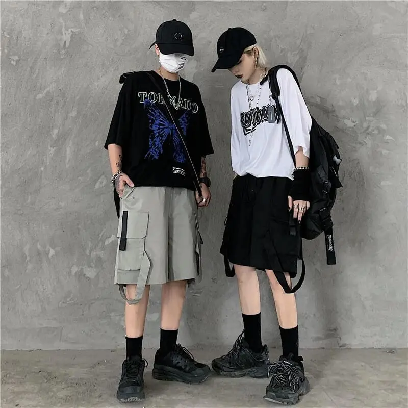 Unisex Cargo Safari Style Shorts Men Ribbon CP Summer Streetwear Knee Length Loose Capris Male Jazz Dance Y2K Ins Vibe Shorts