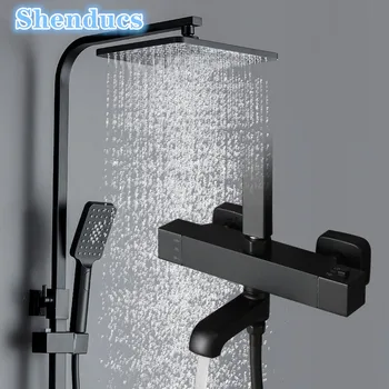 ร้อนเย็นห้องน้ําระบบสีดํา Thermostatic ห้องน้ําชุดฝักบัว 12 นิ้ว Rain Shower หัวร้อนเย็นก๊อกน้ําห้องน้ําชุด 1
