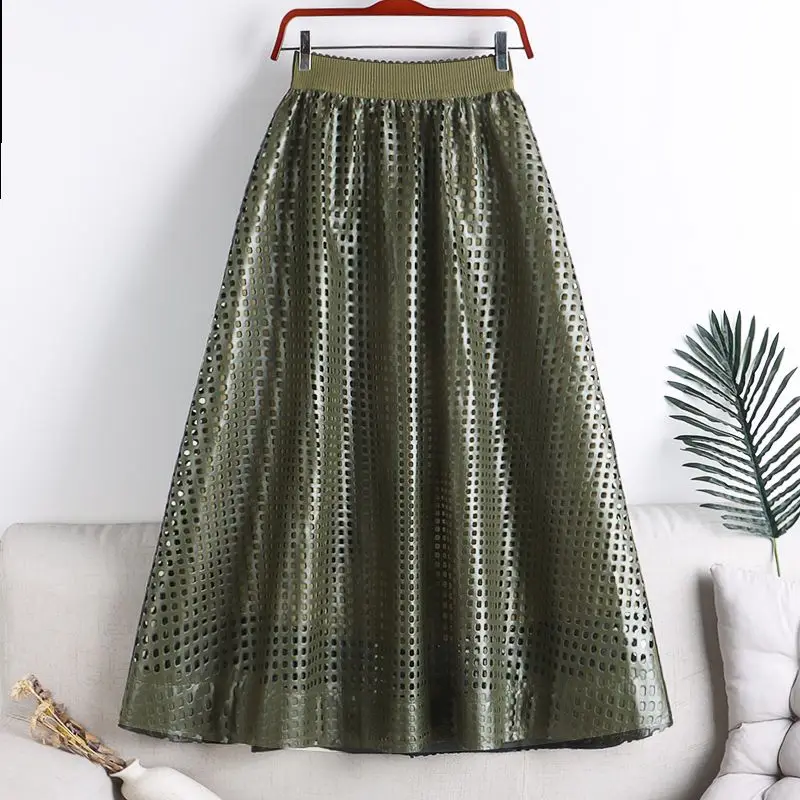 

PU Leather Midi Long Skirt Women 2023 Korean Fashion Green Black Hollow Out A Line High Waist Skirt Female
