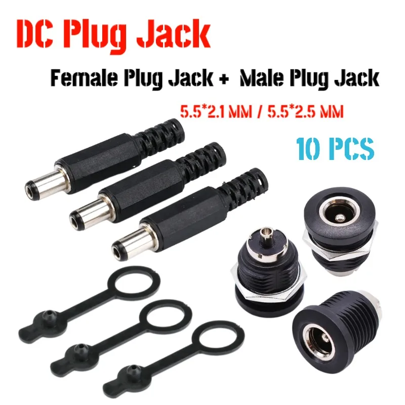 

10Pairs DC 5.5 x 2.1mm / 5.5 x 2.5mm Male Plugs + DC Power Socket Female Jack Screw Nut Panel Mount Connector DC022D