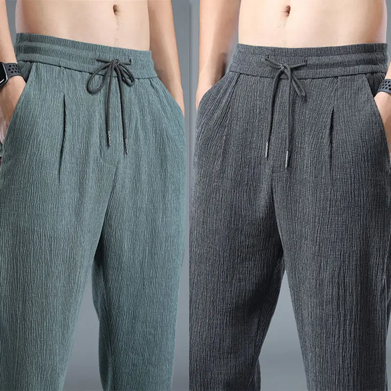 Male Motion Trousers Ice Shreds Nine Points Flax Ultrathin Breathable Loose Fitting Straight Cylinder Cotton  Linen Quick Drying