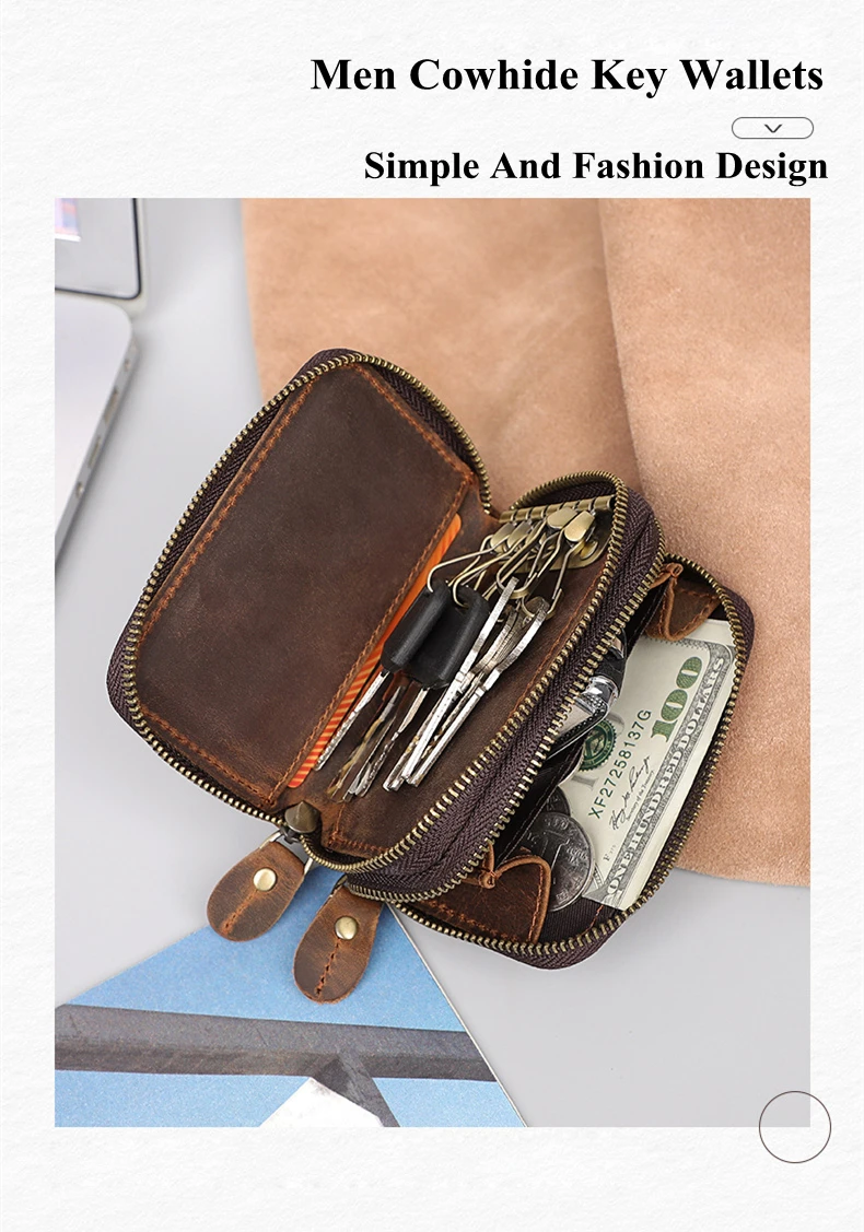 Genuine Leather Key Wallets Men Vintage Handmade Zipper Car Key Holder Cowhide Keys Organizer Women Housekeeper Case Coin Purse