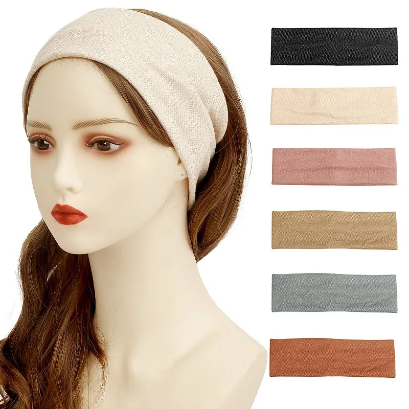 

Women Casual Shiny Silver Headbands Wide Headband Solid Color Stretch Knitted Hairband Headband Elastic Hair Bands Accessories
