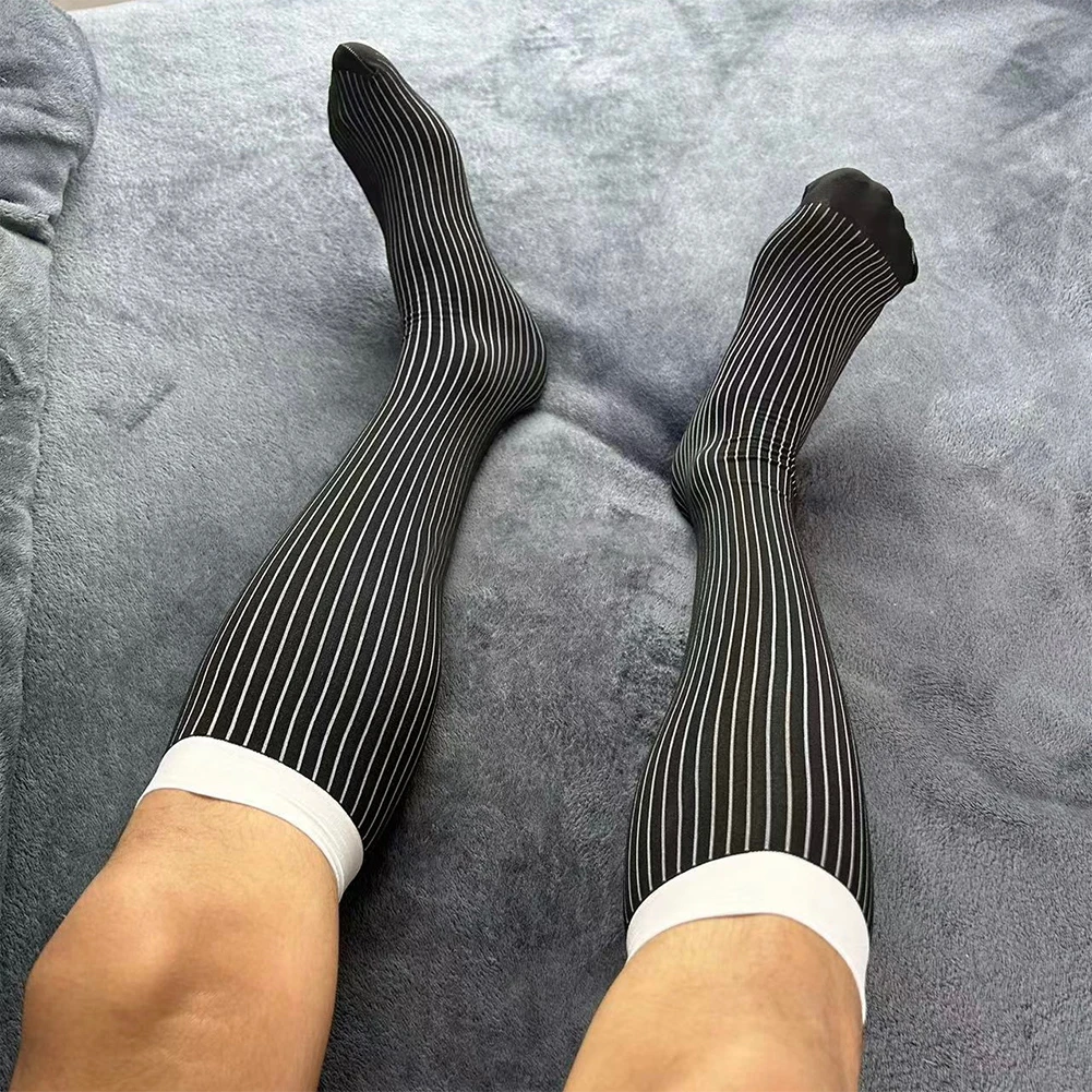 

Модные мужские носки в рубчик, повседневные полосатые деловые носки для мужчин, дышащие и тонкие, до колена, свободный размер 1 пара