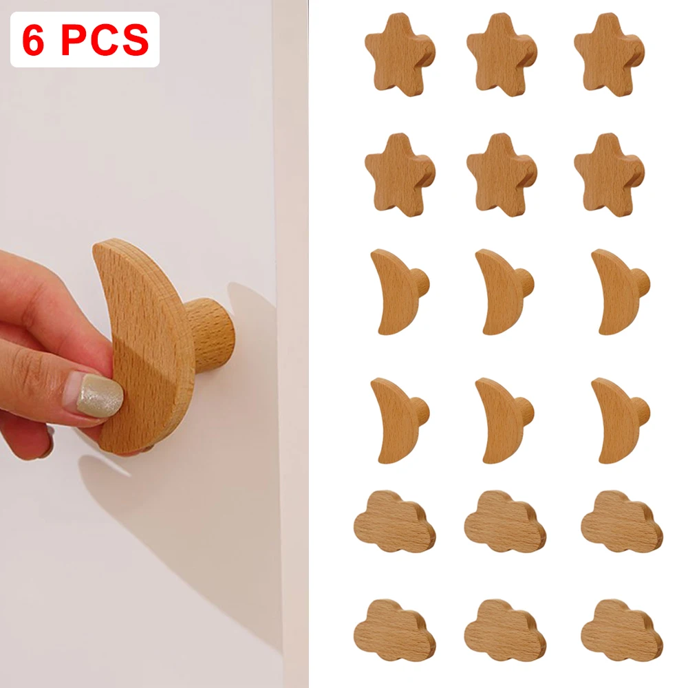 Cloud/Star/Moon Shape Furniture Handles 6PCS Drawer Wooden Knobs Children Decoration Cabinet Wood Pulls Knobs Set Furniture Handles