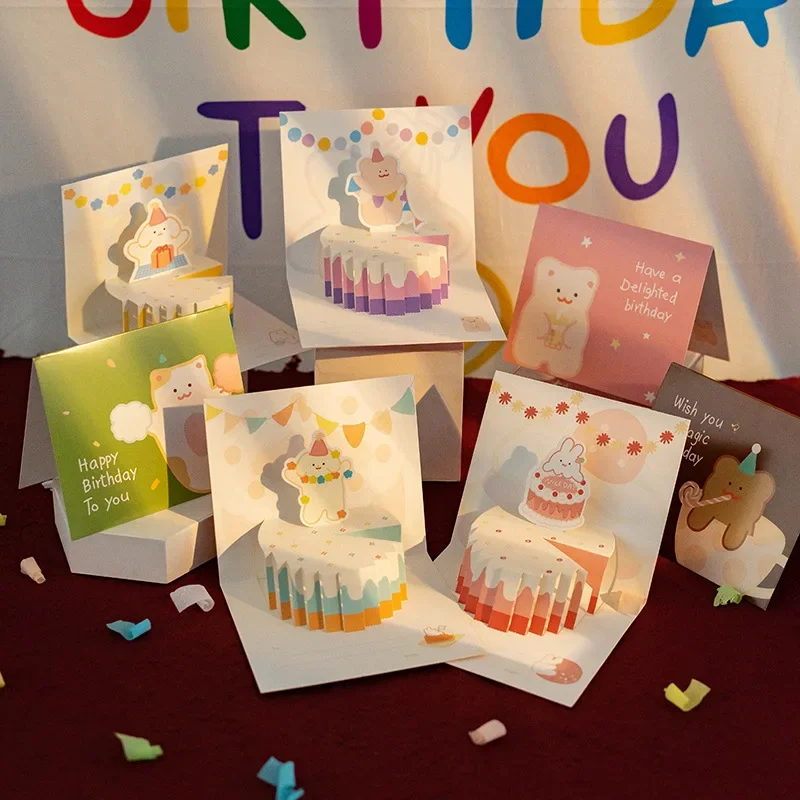 3D Pop up Style Happy Birthday Cake Greeting Card Blessing Gratitude Message Card Children's Premium Small DIY Gift for greeting cards