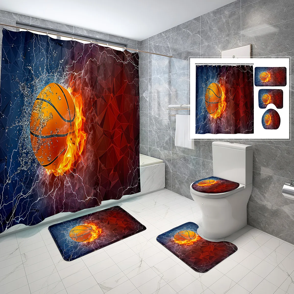

Basketball Sports Theme Shower Curtain Set Slam Dunk Shower Curtain Bathroom Non-Slip Bath Mat Toilet Cover Curtain Set Decor
