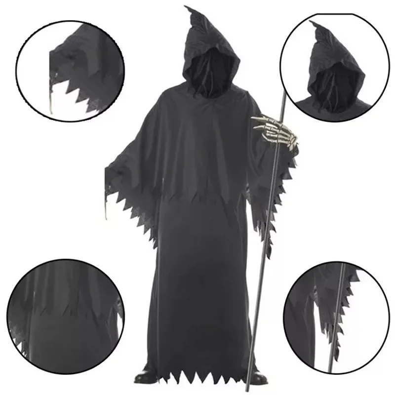 Grim Reaper Ghost Costume Halloween Hood Gown Robe Skeleton Adult Men Gothic Dress Catsuit Black Evil Death Scary Horror Outfit