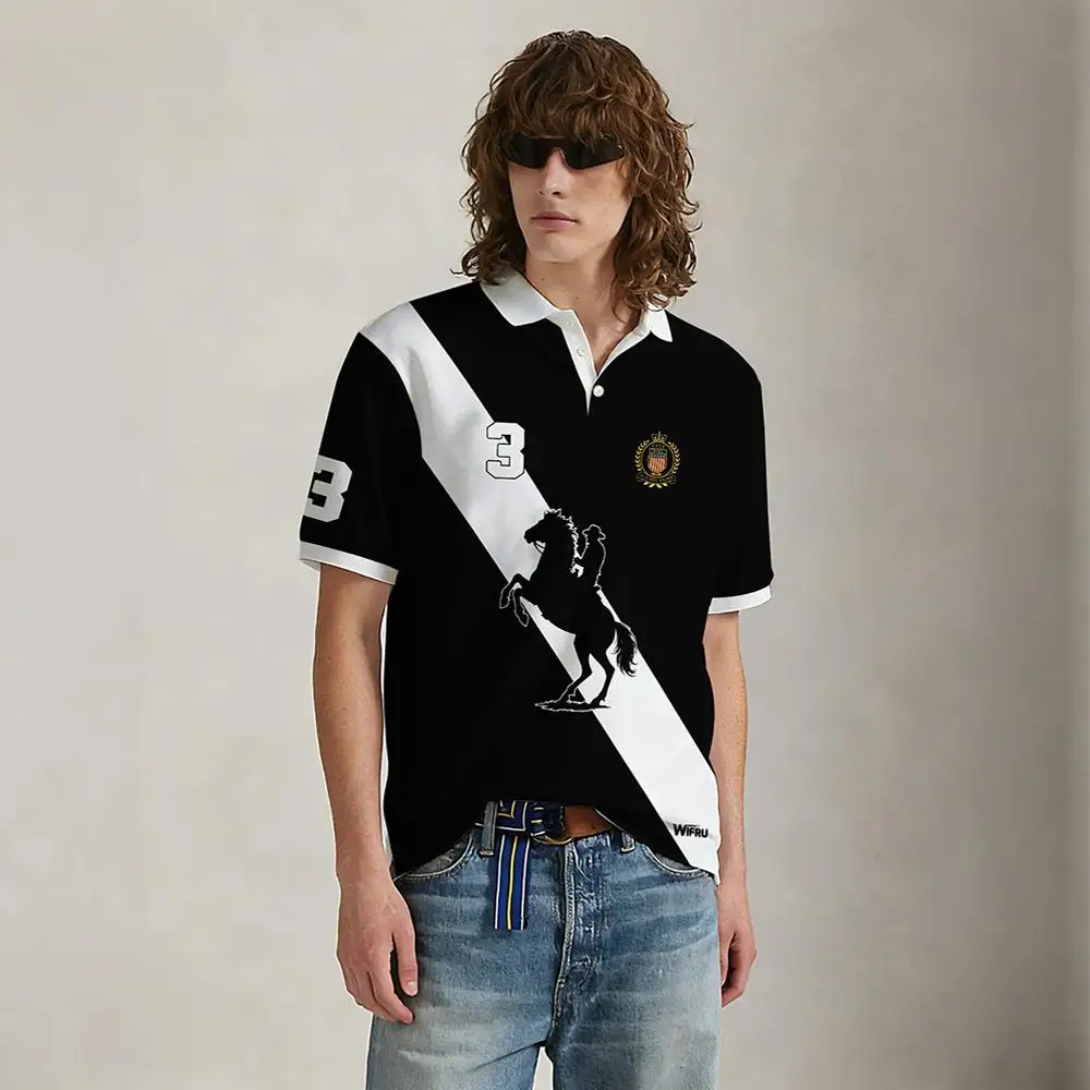 Neues schwarz-weiß gestreiftes Poloshirt für Herren, WIFRU, Sommer-Reitsport-Print, lässiges Revers-Top, Outdoor-Sport, atmungsaktives Golf-Shirt – Detail 6