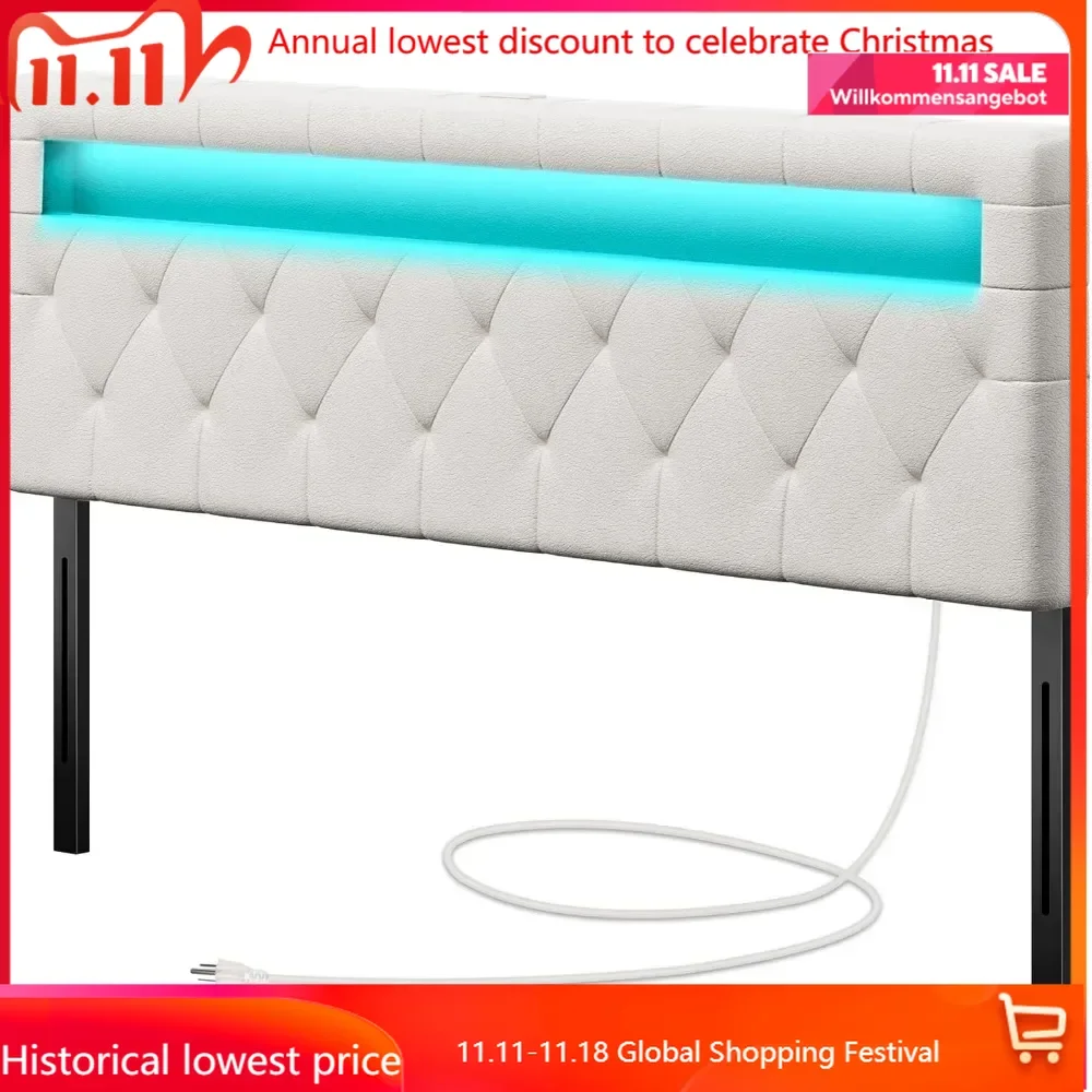 Headboard for Full Size Bed with 60,000 DIY Color of LED Light, USB & Type C Post, Attach Frame, Height Adjustable, White Leathe