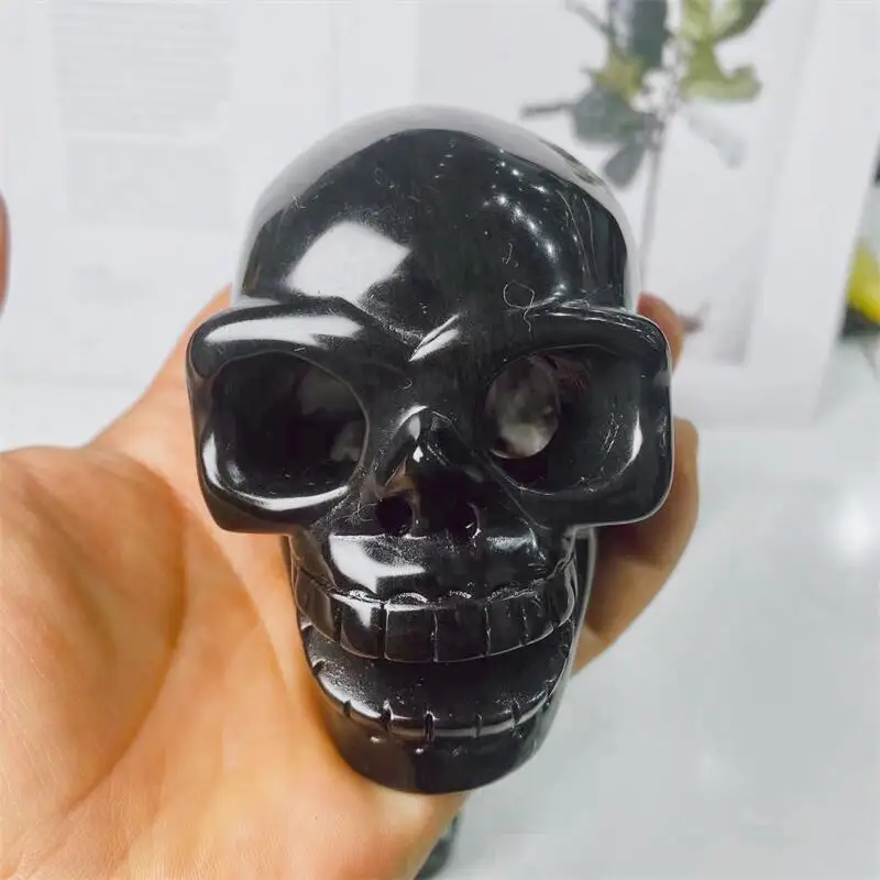 

Natural Black Obsidian Skull Crystal Carved Mineral Sculpted Reiki Healing Gemstone Crystal Crafts For Art Collection Gift 1pcs