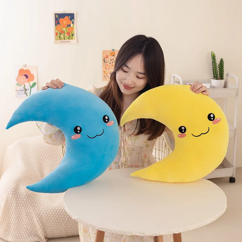Kawaii Waterdrop Moon Plush Pillow Stuffed Smiling Shy Face Decor Plushie Neck Support for Cot Sofa Chair 4