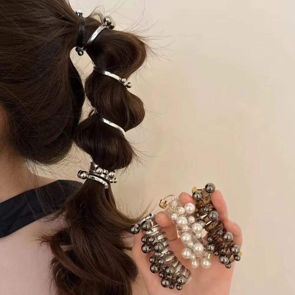 New Telephone Wire Elastic Hair Band Women Bubble Braid Pearl Phone Cord Hair Tie Hair Accessories Spiral Rubber Band