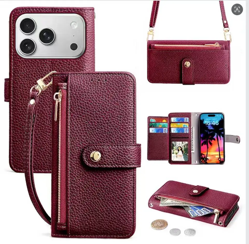 Leather Zipper Wallet Phone Case with Card Holder and Crossbody Lanyard Strap
