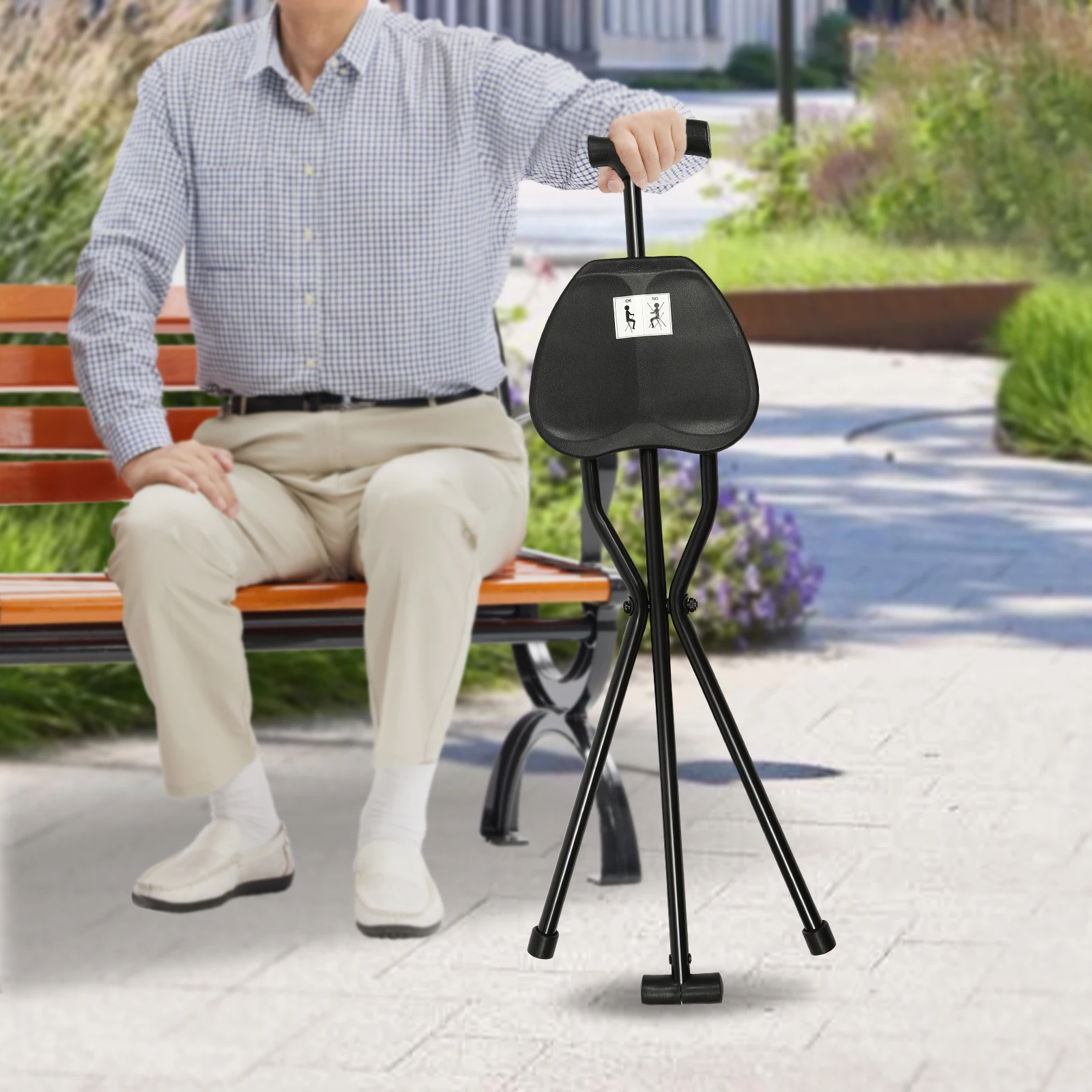Portable Folding Cane with Seat Travel Cane Chair Walking Cane Walking Chair Walking Stick Walking Stool Load 249.12lbs Black 4