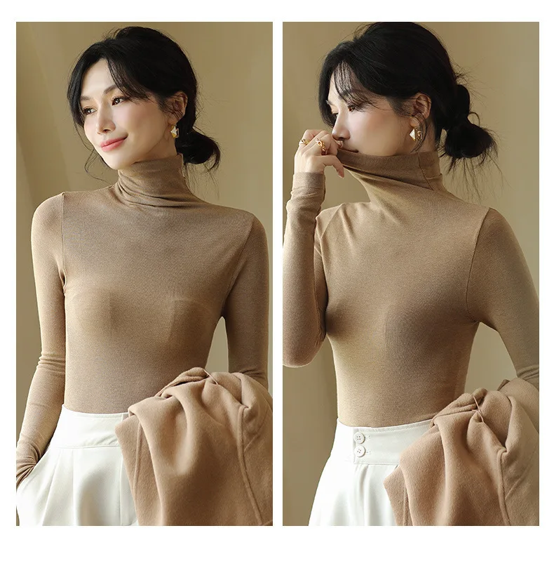 Mulberry silk velvet thermal top women's traceless fast hot turtleneck undershirt wearing versatile beautiful body top women