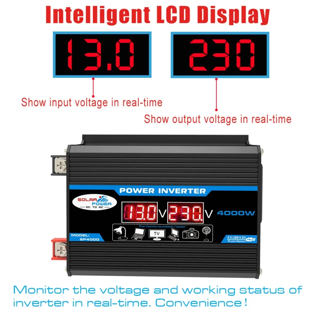 4000W Inverter 110/220V Car Power Vehicle Power Inverter LED Display Dual USB Charger Converter Lightweight Auto Accessories