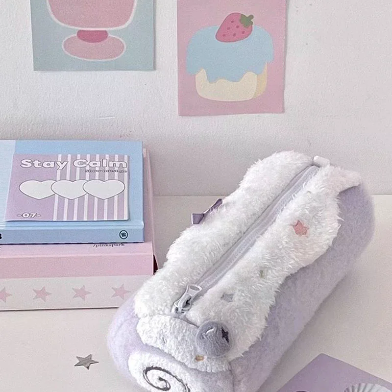 Astuccio in Peluche a Forma di Rotolo di Crema, Grande Capacità, per Studenti, Borsa Portaoggetti per Cancelleria - immagine 2