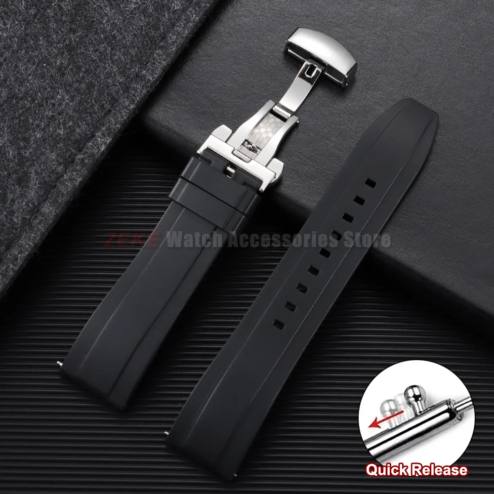 Premium Waterproof Sports Rubber Watch Band - Black Quick Release Strap, Available in Multiple Widths