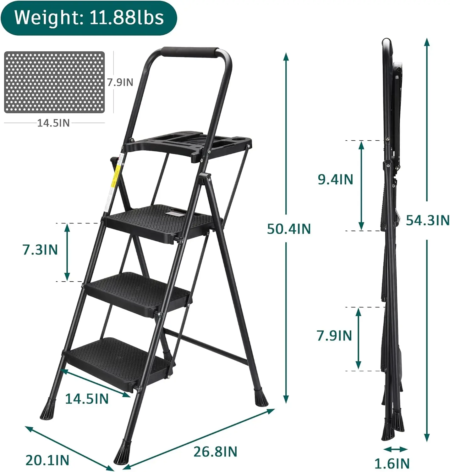 3 Step Ladder with Tool Tray, Folding Step Stool with Wide Non-Slip Pedal and Comfort Handgrip for Household and Office