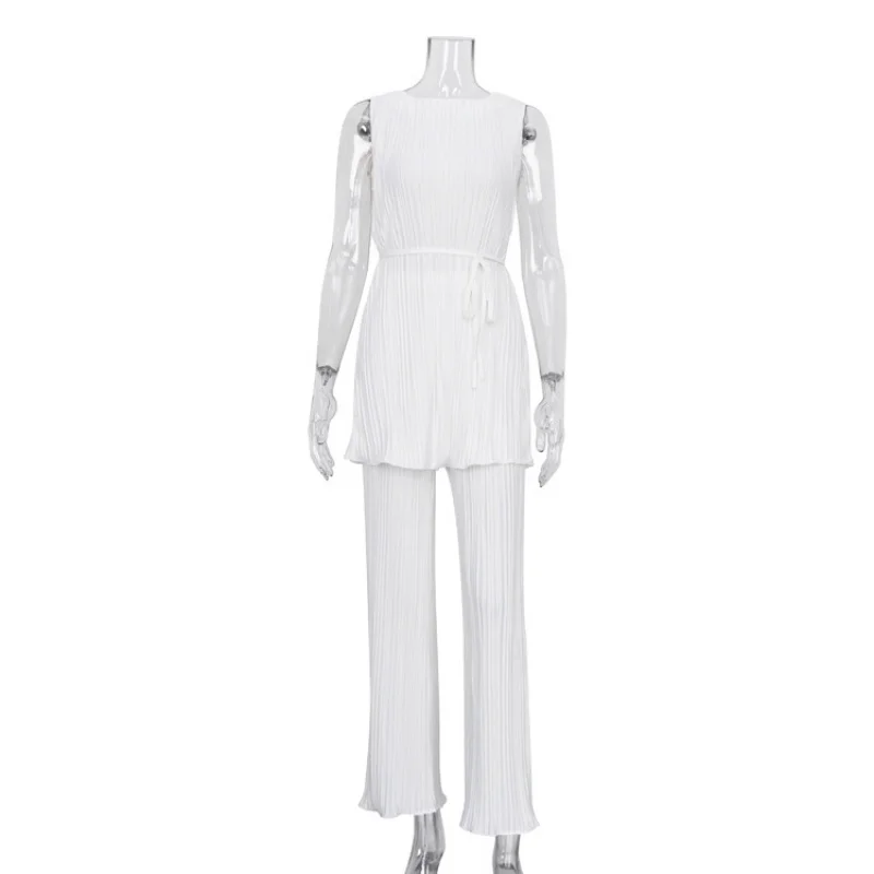 Spring and Summer Fashion Casual White Pleated Pants round Neck Tied SleevelessTWomen's Two-Piece T-shirtWlj