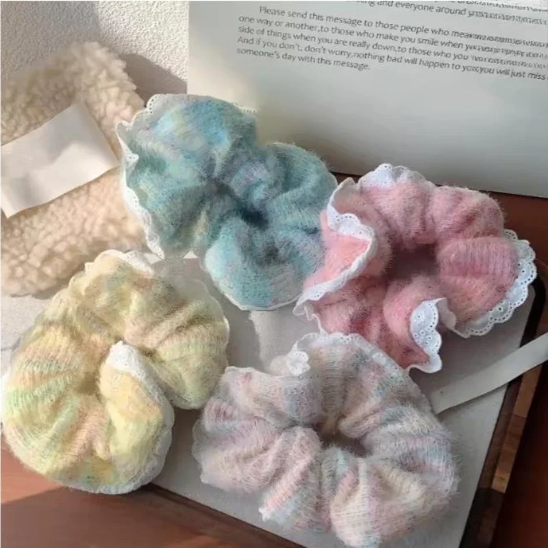 Fashionable Lace Large Iintestine Hair Ropes Colorful Wool Knitted Hair Tie High Elastic Rubber Band Women's Hair Accessories
