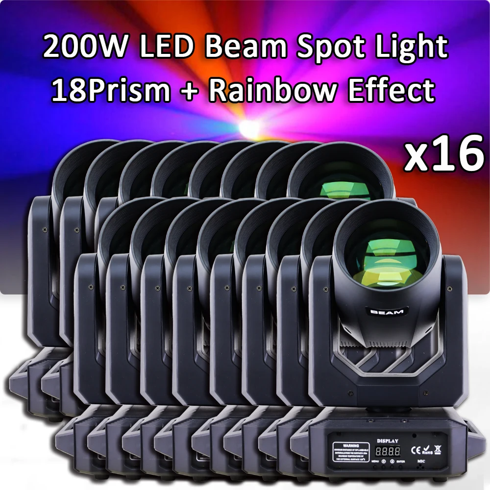 

16Pcs Lights 200W LED Moving Head Projector Beam Spot LED Lights Bar Club Party Dance Dj Disco Dmx512 Christmas Flight case