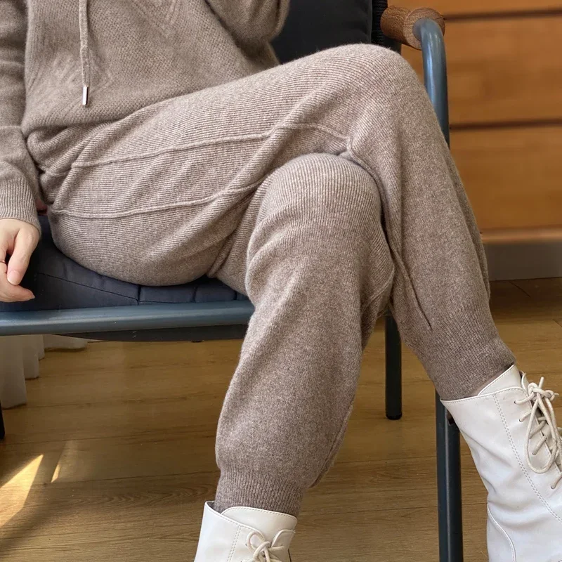 Women's Elastic Waist Woolen Pencil Pants, Thick Trousers, Ankle-Length Warm Pants, Casual, Autumn, New, 2023