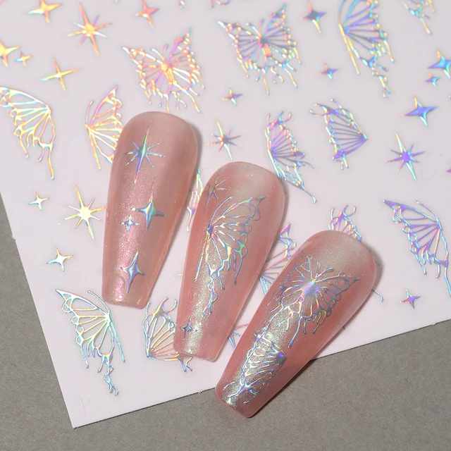 Nail York Silver Metal Mirror Butterfly Stickers with Holographic Butterflies and Star Designs | Adhesive Slider Wraps Gel Polish Decals for Nail Salons Supplies - Image 3
