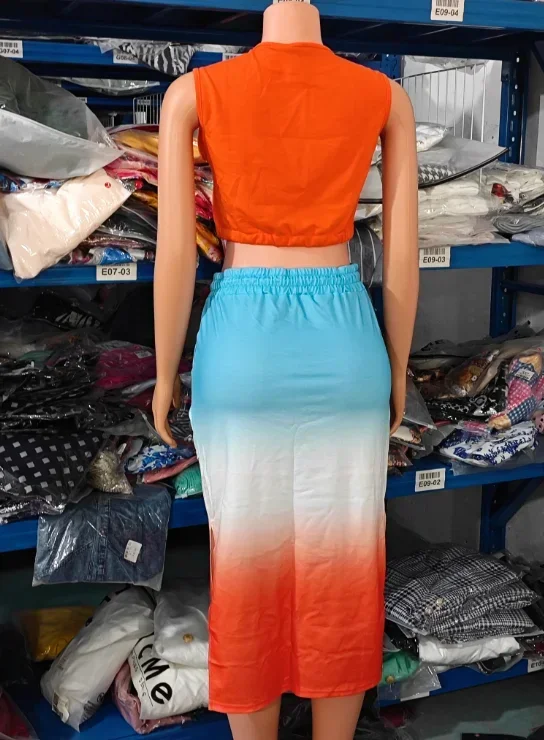 2023 Summer Casual Skirts Sets for Women European & American Fashion Anchor Print Crop Tank Top & Split Hem Striped Skirt Set
