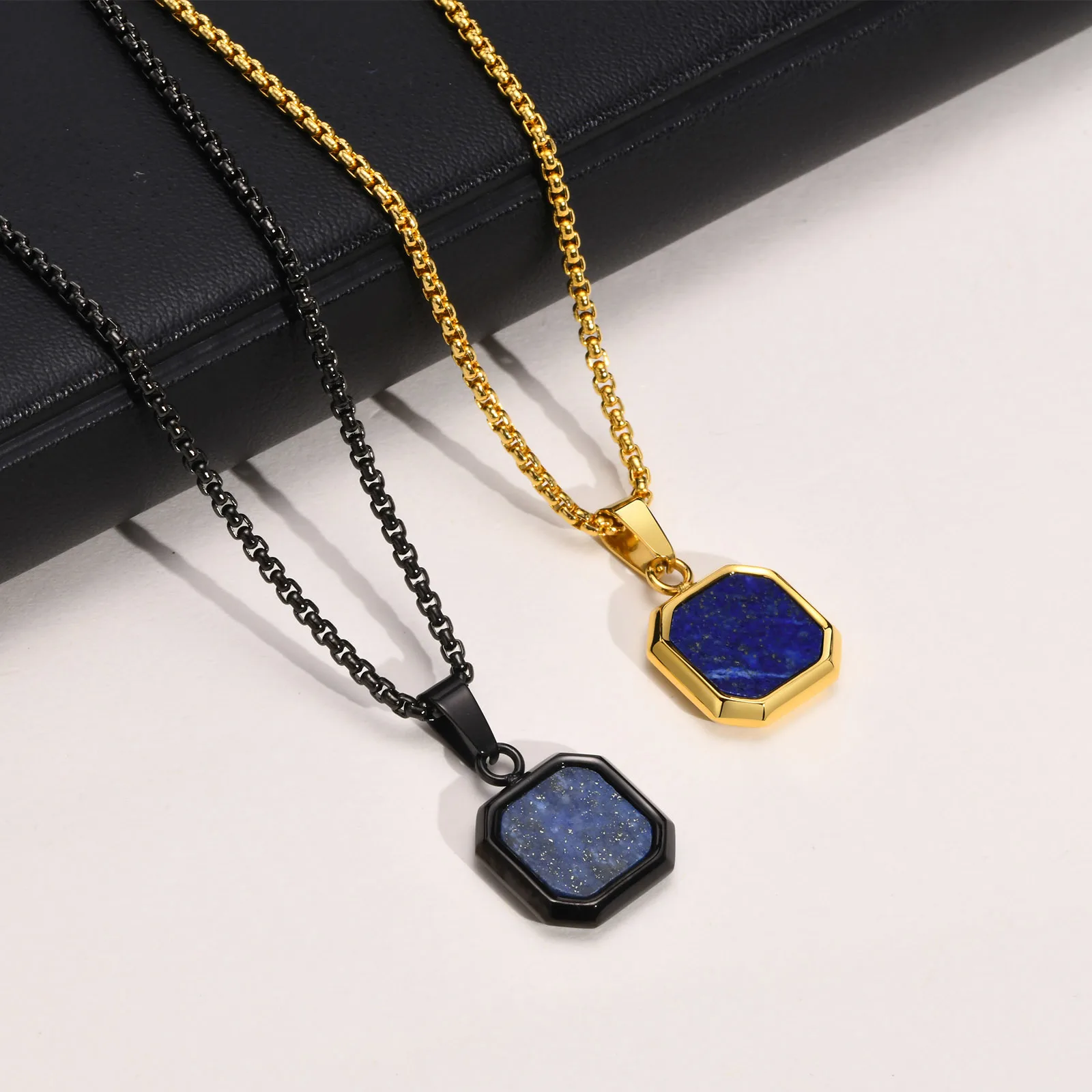 Men's Model Lapis Lazuli Square Pendants Necklaces, Black Stainless