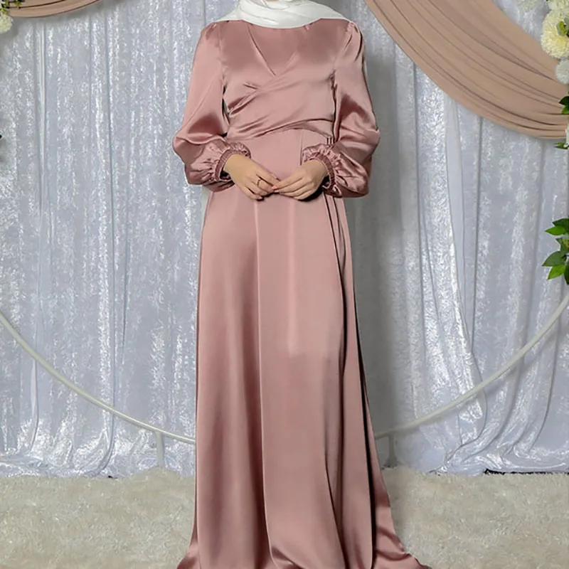 Maxi Satin Dress High Quality Muslim EID Latest Women Solid Islamic