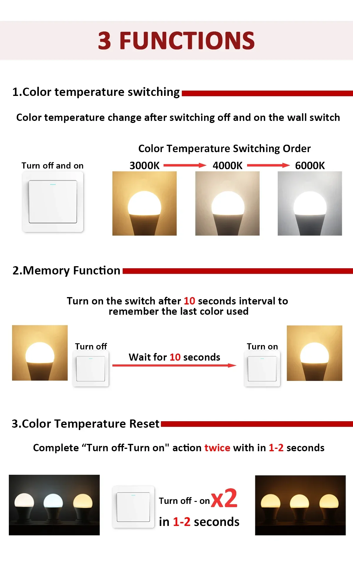 Description Picture 4 of item1-20pcs LED 3 Color adjusted Bulb AC110V 220V E27 B22 base Light Bulb 3CCT(3000K 4000K 6000K) Memory Function Color Temp Reset