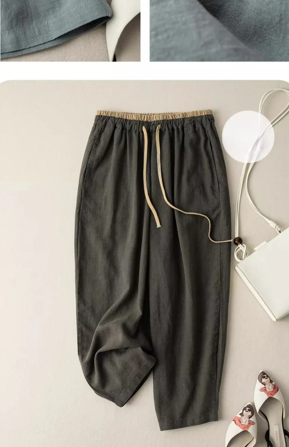 Description Picture 5 of itemElastic Drawstring Waist Casual Pants Summer Retro Cotton Linen Loose Harem Pants Basic Versatility Wide-leg Ankle-Length Pants