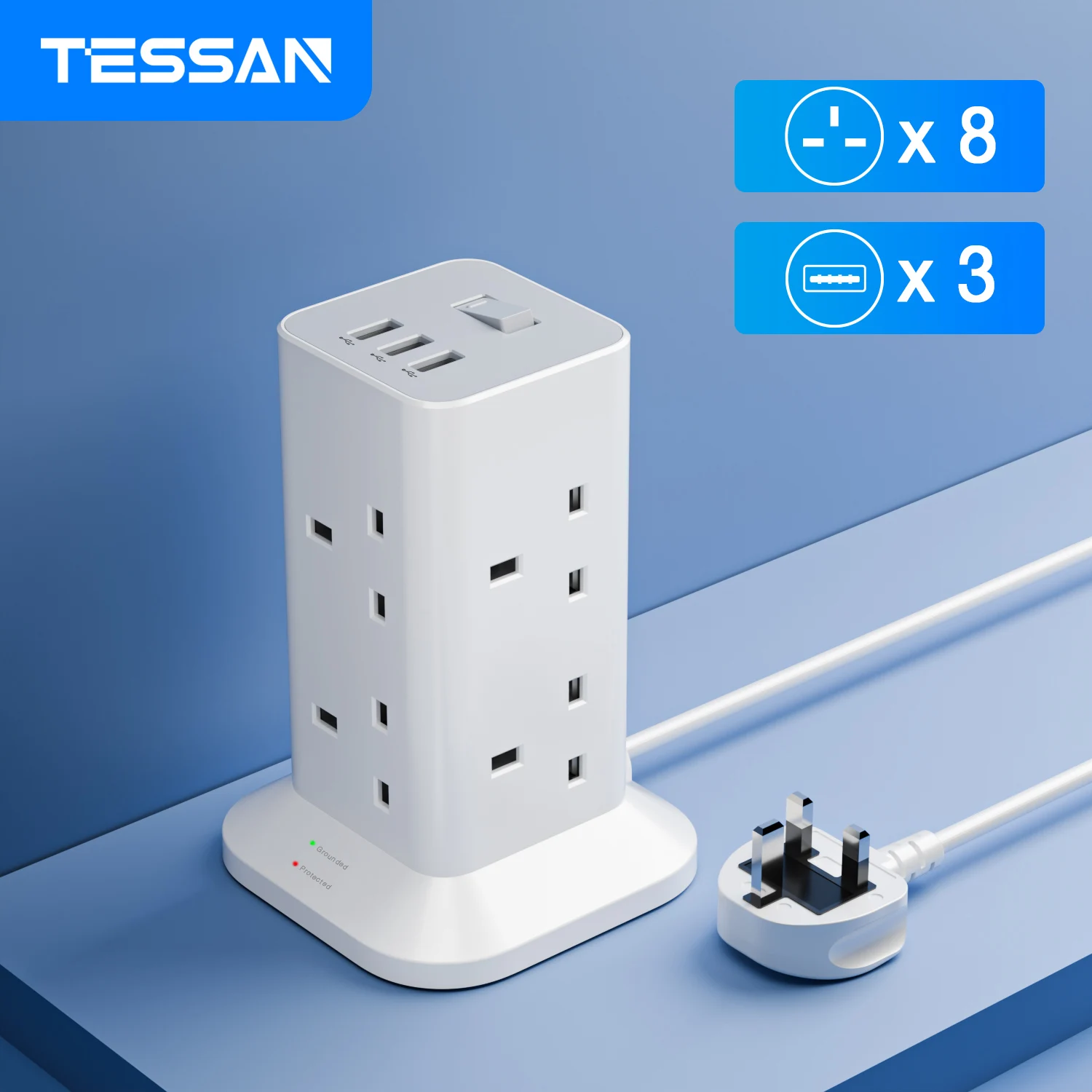 TESSAN-UK-Multi-Plug-Tower-Power-Strip-with-11-Outlets-and-3-USB-13A ...