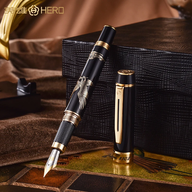 Hero 8102 Luxurious Black & Golden Metal Fountain Pen 0.5mm Fine Nib & Roller Ball Pen Two-Head Pen With Eagle Model Gift Box bomag bw 203 ad vibratory asphalt compactor roller 1 50 diecast model new in box