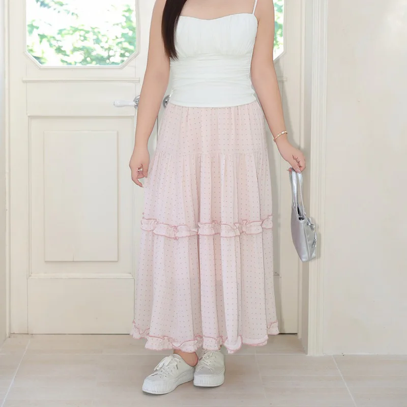Plus Size Women's Long Cake Skirts Casual Premium Lotus Pink Dot Ruffled High Waist Summer 2025
