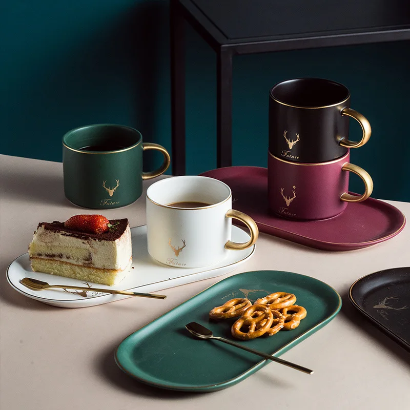 

European Ceramics Cup Gold Rim Coffee Cup Mug кружка And Saucers Spoon Sets With Gift Box Tea Milk Breakfast Mugs Dessert Plate