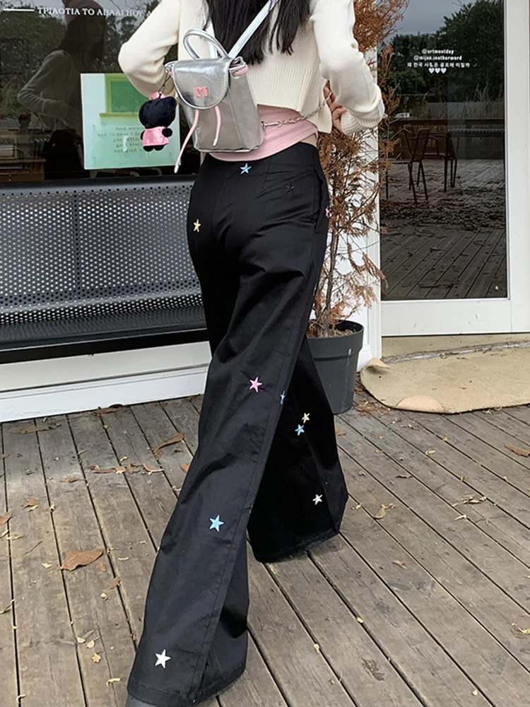 Fashion Y2K Embroidered Cargo Pants Black Women High Waist Wide Leg Harajuku Loose Casual Oversized Trousers Streetwear Pants