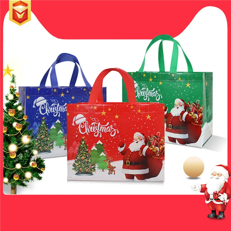 

5PCS Christmas Handbag Santa Claus Snowman Print Gift Bag Foldable Shopping Bag Thickened Large Capacity Cute Non-woven Handbag